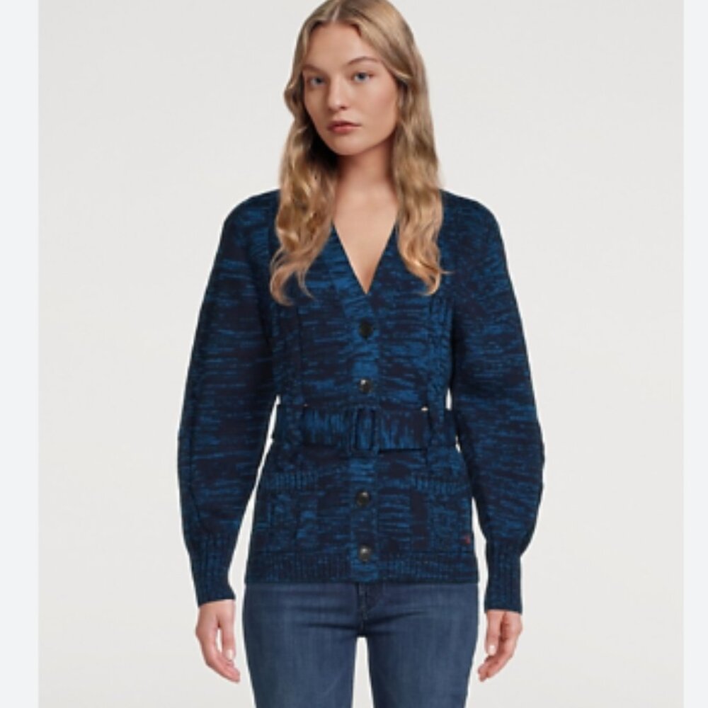 Victoria Beckham Belted Wool Cardigan Sweater Blue Marl Size XS
